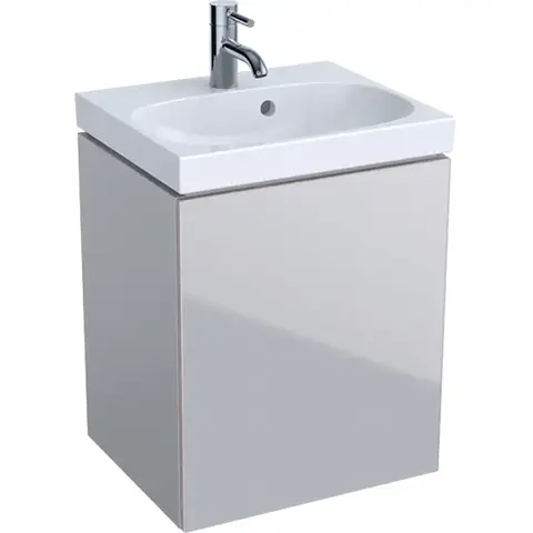 Шкафчик для раковины Geberit Acanto, с одной дверью и сифоном: B=44.5см, H=53.5см, T=37.5см, песчаный глянец / матовый песочно-серый, песчаный глянец / глянцевое стекло