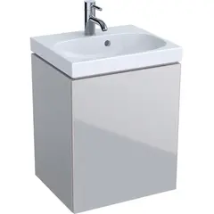 Шкафчик для раковины Geberit Acanto, с одной дверью и сифоном: B=44.5см, H=53.5см, T=37.5см, песчаный глянец / матовый песочно-серый, песчаный глянец / глянцевое стекло фото