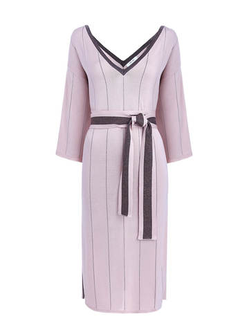Женское платье светло-розового цвета из шелка на поясе - фото 1