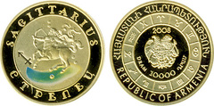 Знаки зодиака - Стрелец! Золотая монета 2008 года выпуска Армения 10000 драм , AU-900, 8,6 гр. диам. 22 мм, тир. 10000, пруф. 100% гарантия подлинности.