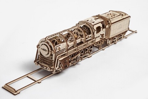 Локомотив с тендером (Ugears) - сборная механическая модель, деревянный конструктор, 3D пазл, паровоз, поезд