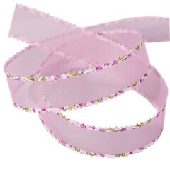 
          Декоративная лента капроновая для декора и флористики, 2,5 см, намотка 25 ярдов, розовый, дизайн мелкая сеточка, края с цветочным узором