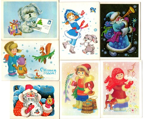 Подборка маленьких двойных поздравительных Новогодних открыток — 7 штук— разные художники — чистые, без повторов, винтаж времен СССР