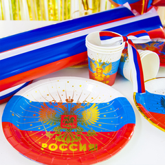 Тарелки (9''/23 см) Россия! (герб), Триколор, Металлик, 6 шт.