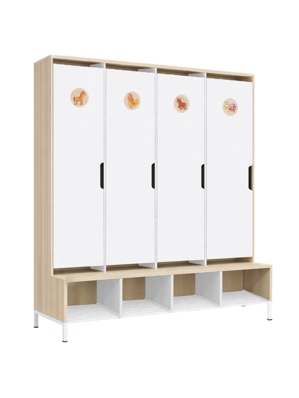 Шкаф со скамьёй для раздевалки детского сада / 4 секции