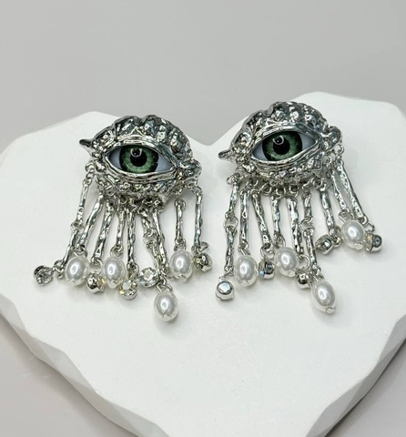 73135- Серьги ЗЕЛЕНЫЕ ГЛАЗА в стиле Schiaparelli с подвесками, цвет серебро / золото