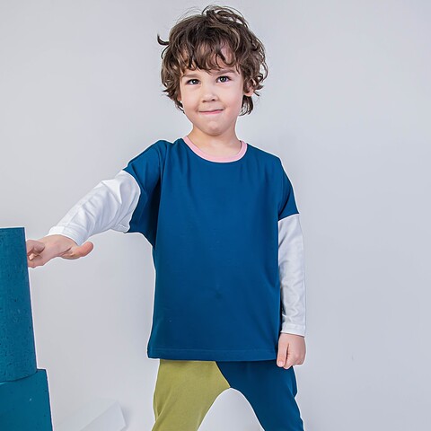 Color Block long-sleeved T-shirt with dropped shoulders - Petrol Blue