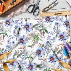 Ткань интерлок лён и колокольчики на бежевом фоне