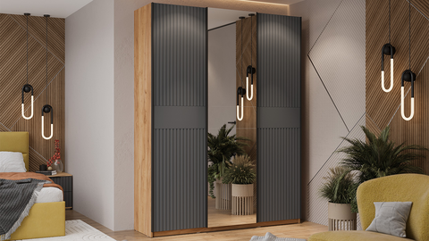 Шкаф-купе Оскар Хилтон 3-х дверный с зеркалом 177 дуб крафт золотой / графит матовый / ручка черная