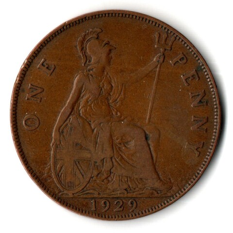 1 пенни 1929 год. Великобритания (Георг V). Бронза, диаметр 30.8 мм. VF