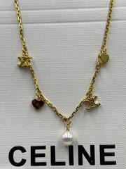 Колье цепочка CELINE с подвесками лого и жемчужиной lux