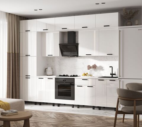 Кухня Техно 3,0/1080м Компоновка №6 (Белый глянец, Белый (Антарес))