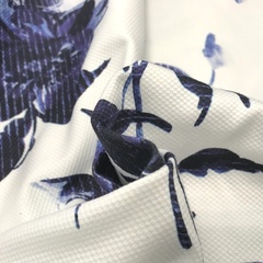 Ткань хлопок пике с эластаном белый с синими цветами  2110