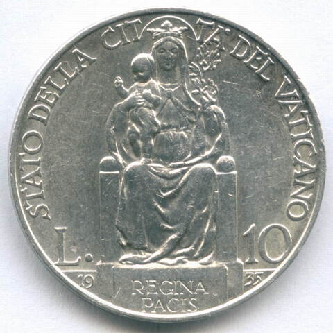 10 лир 1935 год. Ватикан. Папа Пий XI (1929 - 1938). Серебро. XF