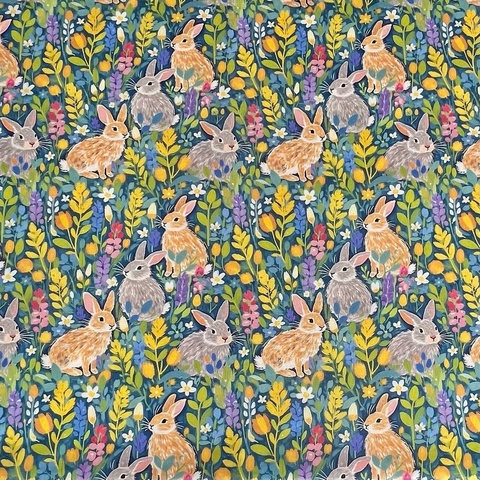 ОТПРАВЛЕНО НА ПЕЧАТЬ, КРОЛИКИ НА ЛУЖАЙКЕ - ГОЛУБОЙ, ЗЕЛЕНЫЙ, ЖЕЛТЫЙ, 100% ХЛОПОК