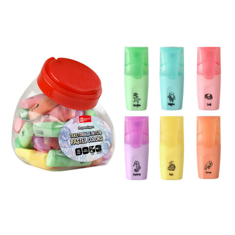 Текстовыделитель арт. 58696 / 35 МОРСКИЕ ТАЙНЫ (БАНКА, 35 шт., ассорти, цвет: бирюзовый, ванильный, лавандовый, мятный, персиковый, розовый, 72х27х17 мм, материал корпуса: полипропилен, форма наконечн