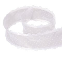 
          Декоративная лента капроновая с фигурной каймой для декора и флористики, 4 см, намотка 25 ярдов, белый, дизайн белый горошек