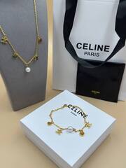 Колье цепочка CELINE с подвесками лого и жемчужиной lux