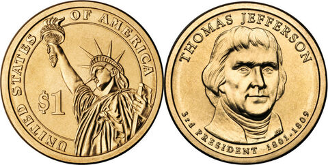 1 доллар 3-й президент США Томас Джефферсон 2007 год