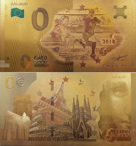 Сувенирная банкнота 0 евро - Бельгия. Футбол (позолота)
