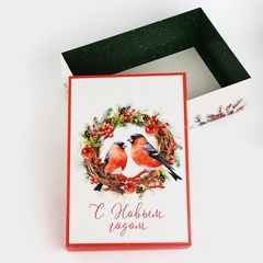 Коробка сборная одиночная Прямоугольник, С Новым годом, Снегири, 30*20*9 см