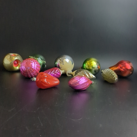 Ёлочные игрушки набор из 10 разных шарики, листик и др, стекло, роспись, узоры, подвесные, винтаж СССР 1960-1990 гг