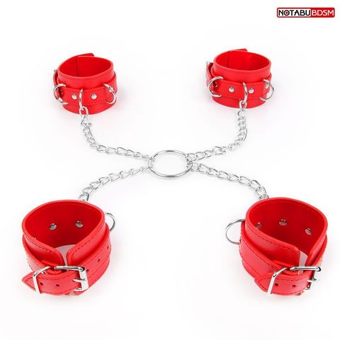 Комплект красных наручников и оков на металлических креплениях с кольцом - Notabu NOTABU NTB-80582