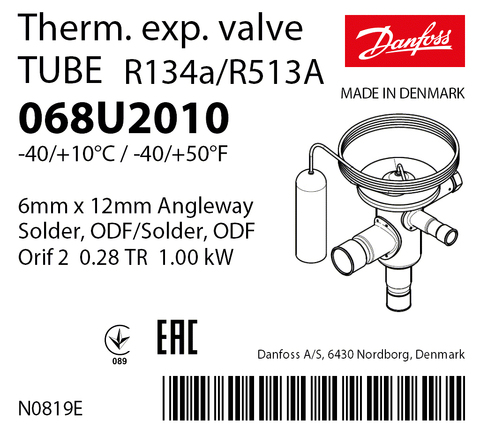 Терморегулирующий клапан Danfoss TUBE 068U2010 (R134a/R513A, без МОР) угловой