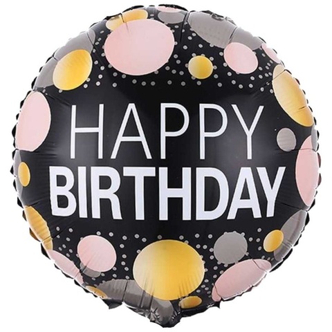 Шар круг с гелием Happy Birthday, чёрный, розовый, золотой, 45 см