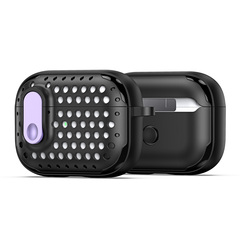 Усиленный чехол черного цвета с фиолетовой кнопкой от Dux Ducis для наушников Airpods Pro 2, серия PECM Series Case, в комплекте с карабином