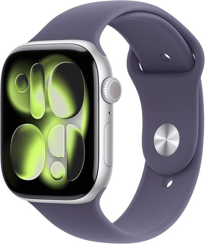 Умные часы Apple Watch Series 11 46 мм из алюминия серебристого цвета, спортивный ремешок цвета «фиолетовый туман» (S/M)