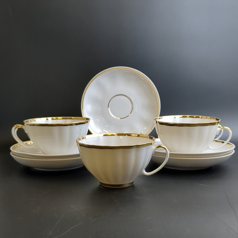 Чайные пары набор на 5 персон (10 предметов), тонкий белоснежный фарфор, золочение, форма "тюльпан", Дулево ФЗ, СССР 1989 год