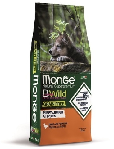 Monge Dog BWild GRAIN FREE Puppy&Junior беззерновой корм из мяса утки с картоф. для щенков всех 12кг