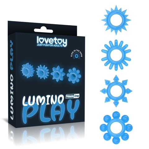 Набор из 4 голубых, светящихся в темноте эрекционных колец Lumino Play - Lovetoy LV343011