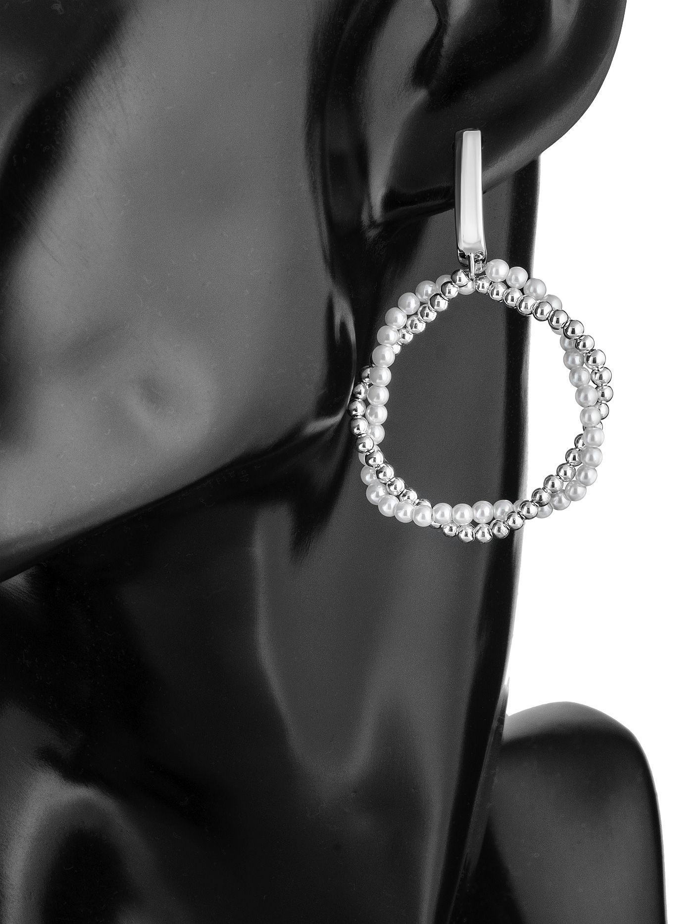 Круглые серьги кольца с жемчугом и гематитом