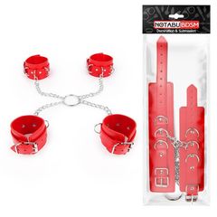 Комплект красных наручников и оков на металлических креплениях с кольцом - 