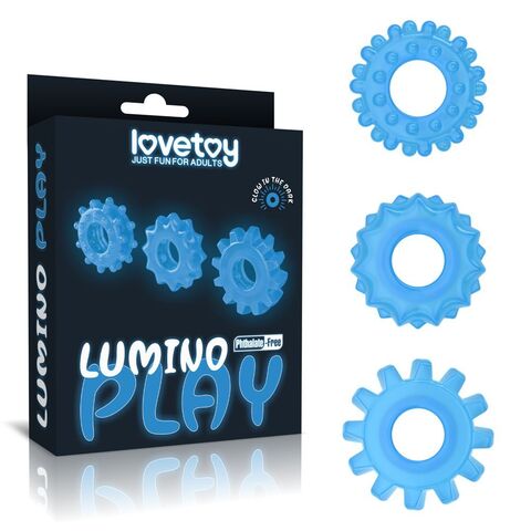 Набор из 3 голубых, светящихся в темноте эрекционных колец Lumino Play - Lovetoy LV343010