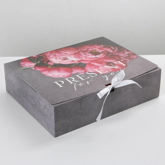 Коробка складная одиночная Прямоугольник «Present for you» Цветы, с лентой, 31*24,5*8 см, 1 шт.