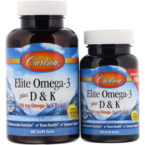 Carlson Labs, Elite Omega-3 Plus D &amp; K, с натуральным вкусом лимона, 60 + 30 бонусных мягких капсул