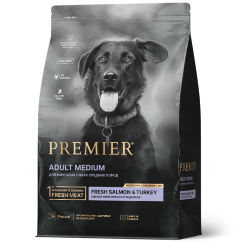 Premier Dog Salmon&Turkey ADULT Medium (Свежее филе лосося с индейкой для собак средних пород) 10кг