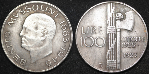 Жетон 100 лир 1945 года Италия Бенито Муссолини диктатор Дуче Рейх копия монеты посеребрение Копия