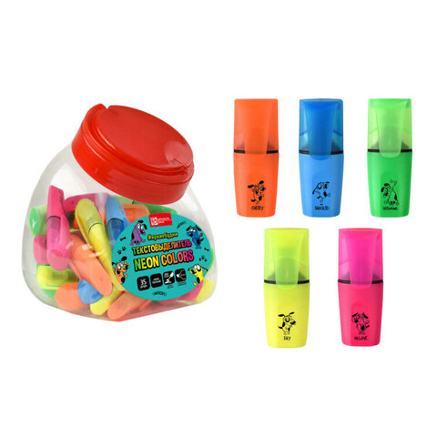 Текстовыделитель арт. 58697 / 35 ВЕСЕЛЫЕ ПЕСИКИ (БАНКА, 35 шт., ассорти, цвет: голубой, жёлтый, зелёный, оранжевый, розовый, 72х27х17 мм, материал корпуса: полипропилен, форма наконечника: скошенная,