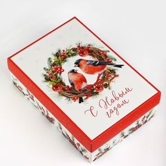 Коробка сборная одиночная Прямоугольник, С Новым годом, Снегири, 30*20*9 см