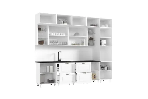 Кухня Престиж 3,0м (490) Компоновка №2 (Браш Вайт/Прайм орех, Белый (Кастилло темный))