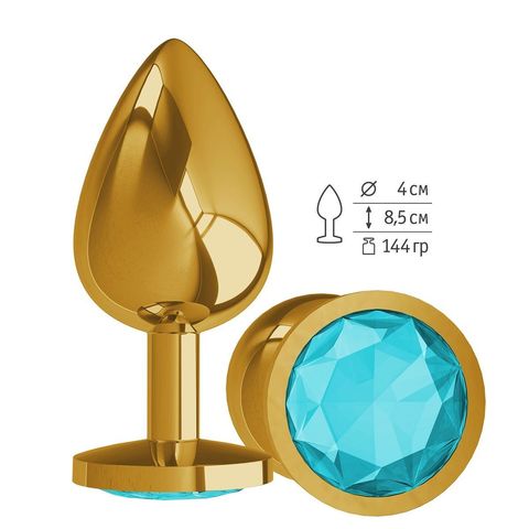 Золотистая большая анальная пробка с голубым кристаллом - 9,5 см. - Джага-Джага Анальные втулки с кристаллом 530-05 aqua-DD