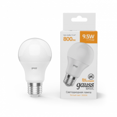 Лампа Gauss Basic A60 9,5W 800lm 3000K Е27 LED 1/10/50