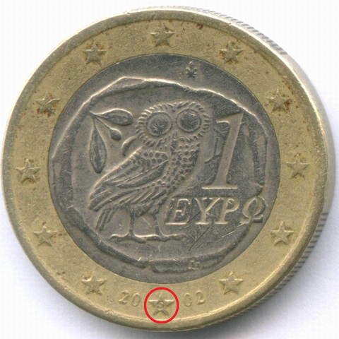 1 евро 2002 год. Греция. Регулярный выпуск. Тип 1 (Разновидность - звезда c S. Suomi - Финляндия). Биметалл F-VF