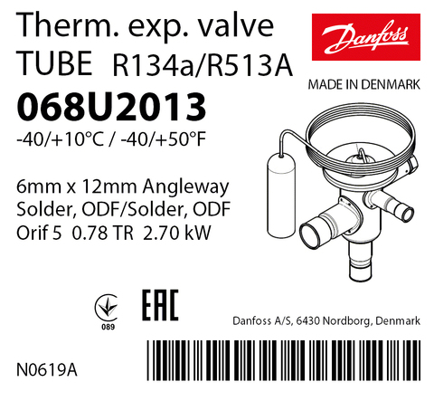 Терморегулирующий клапан Danfoss TUBE 068U2013 (R134a/R513A, без МОР) угловой