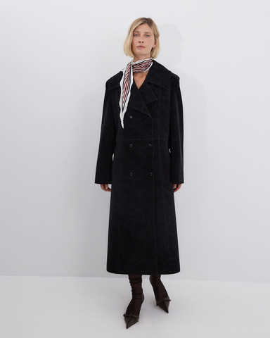 Тренч на поясе из искусственной замши черный