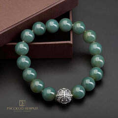Браслет "Летучая мышь". Нефрит морская волна. Бусины 12мм.